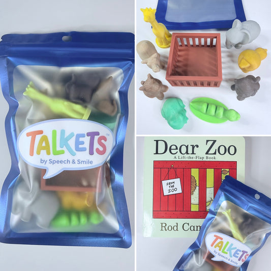 Collage of 'Talkets' toy packaging, toys, and a book titled 'Dear Zoo'.
