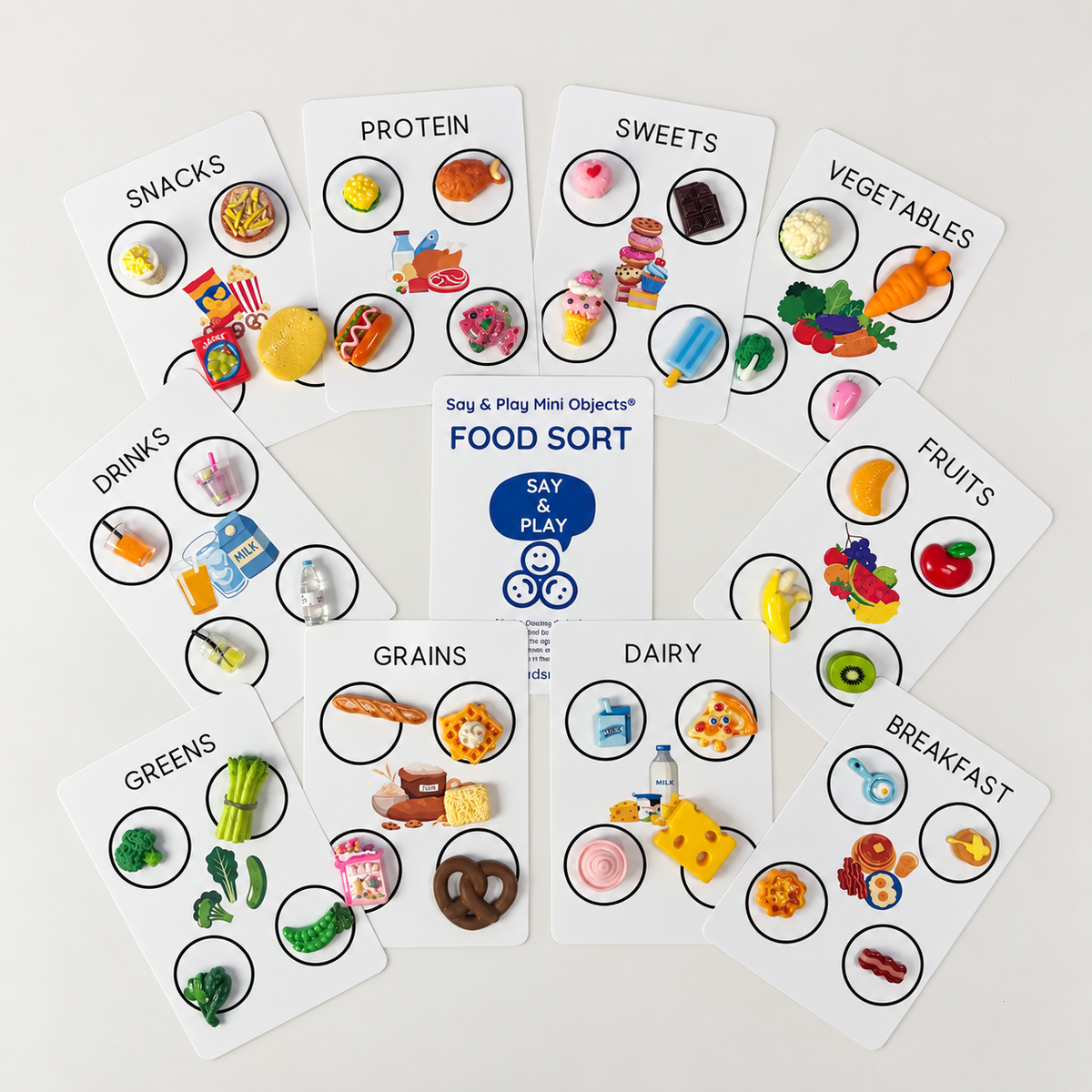 Food Sorting Set | 10 Category Cards and 40 Faux Food Minis | Say & Play Mini Objects®