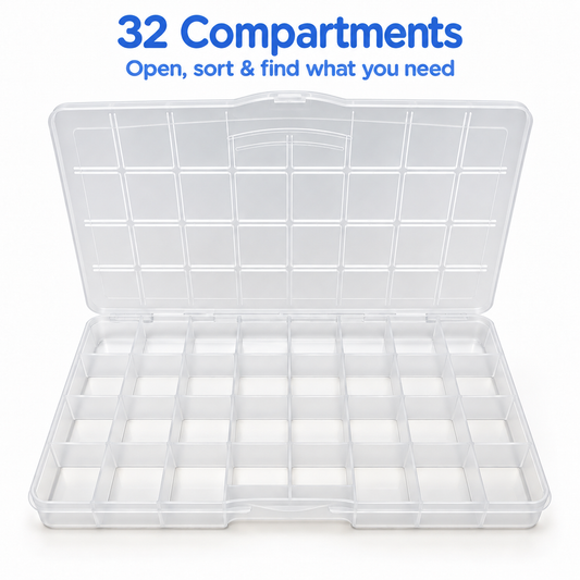 Clear 32-Compartment Organizer Case | Snap-Close Storage Box - DIY Craft Set