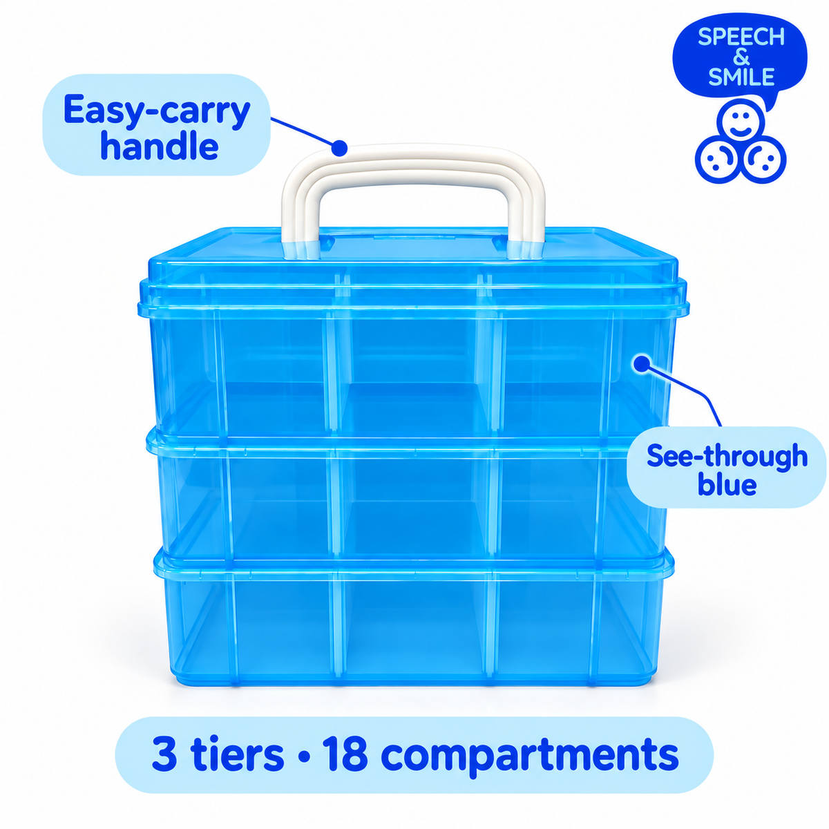 Blue 3-Tier Organizer Box with Handle | 18 Compartments - Custom Designed Mini Objects Organizer -DIY Set