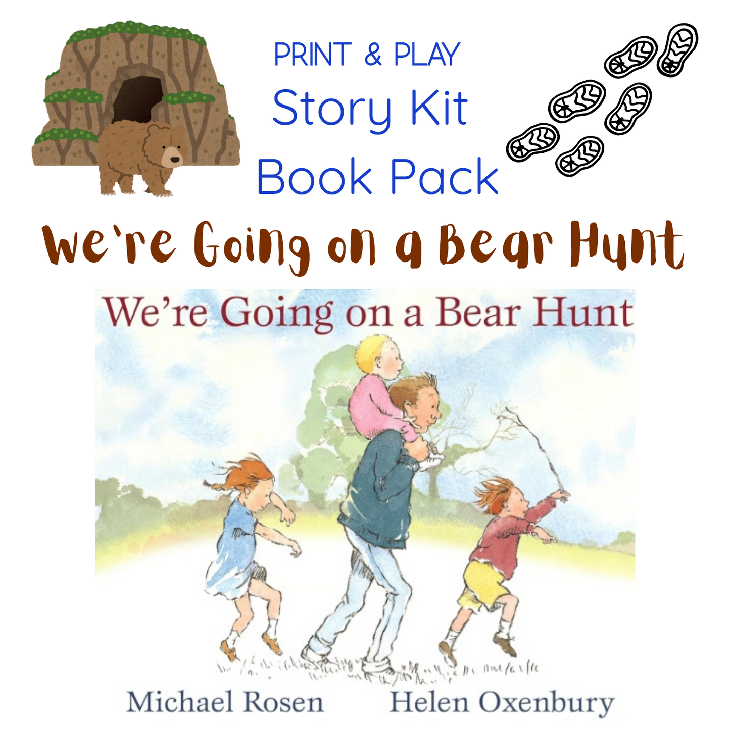 We're Going on a Bear Hunt' print and play story kit book pack with illustrations of children and a bear.