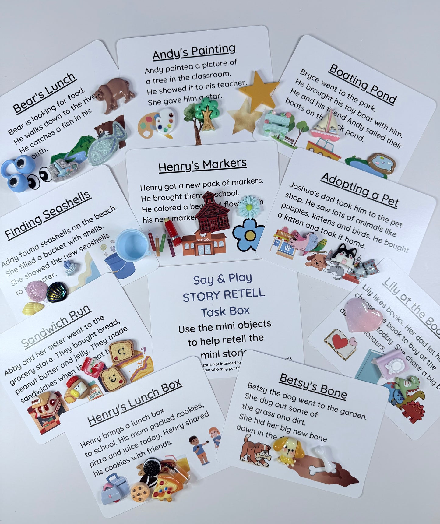 Educational story cards with illustrations and text on a white background