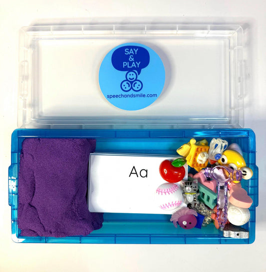 Alphabet Objects Set with Letter Cards and Kinetic Sand - Portable Sensory Box - Learn Beginning Sounds with Manipulatives