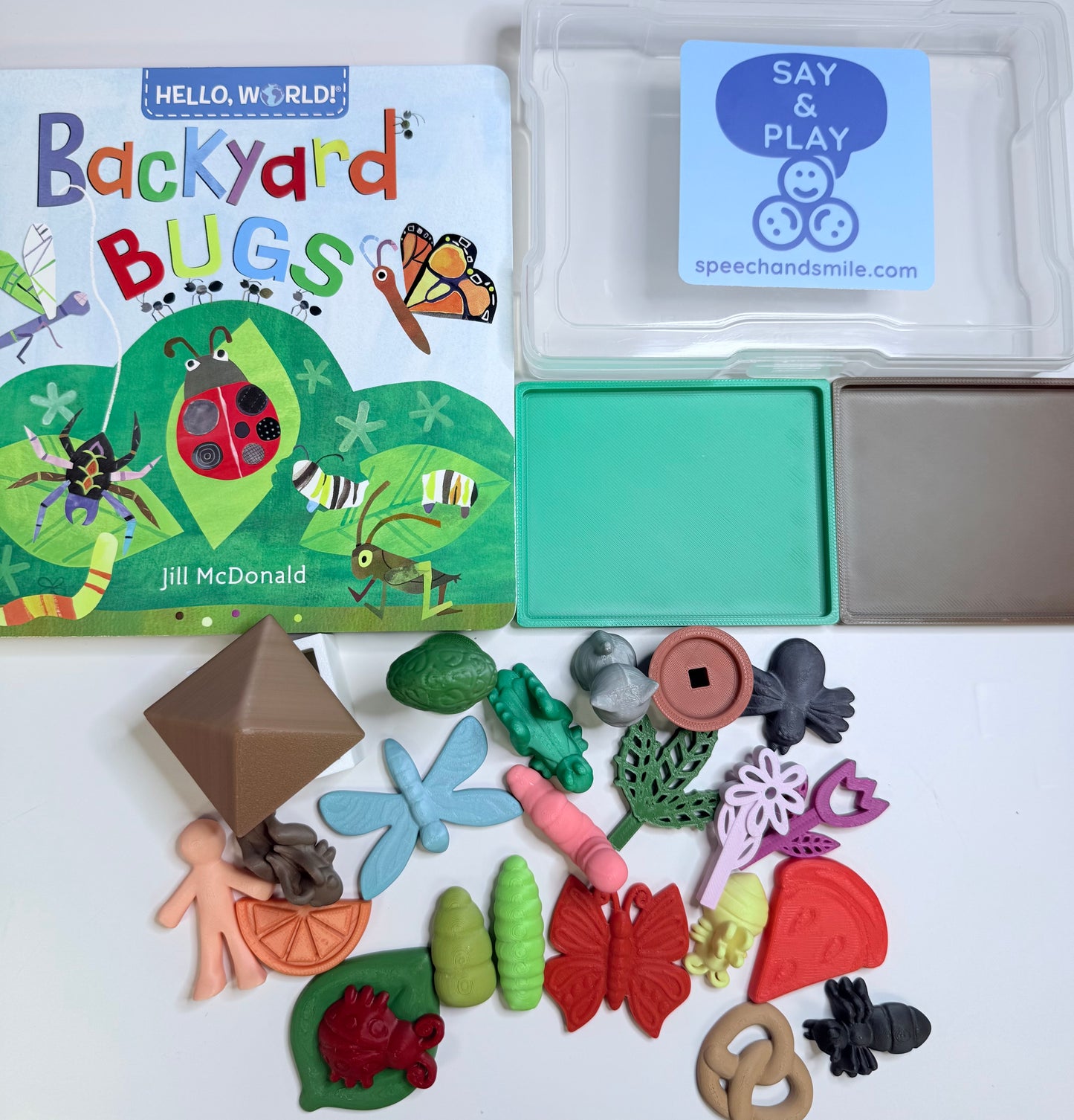 Backyard Bugs Story Kit with Mini Objects for Speech Therapy, INCLUDES BOOK