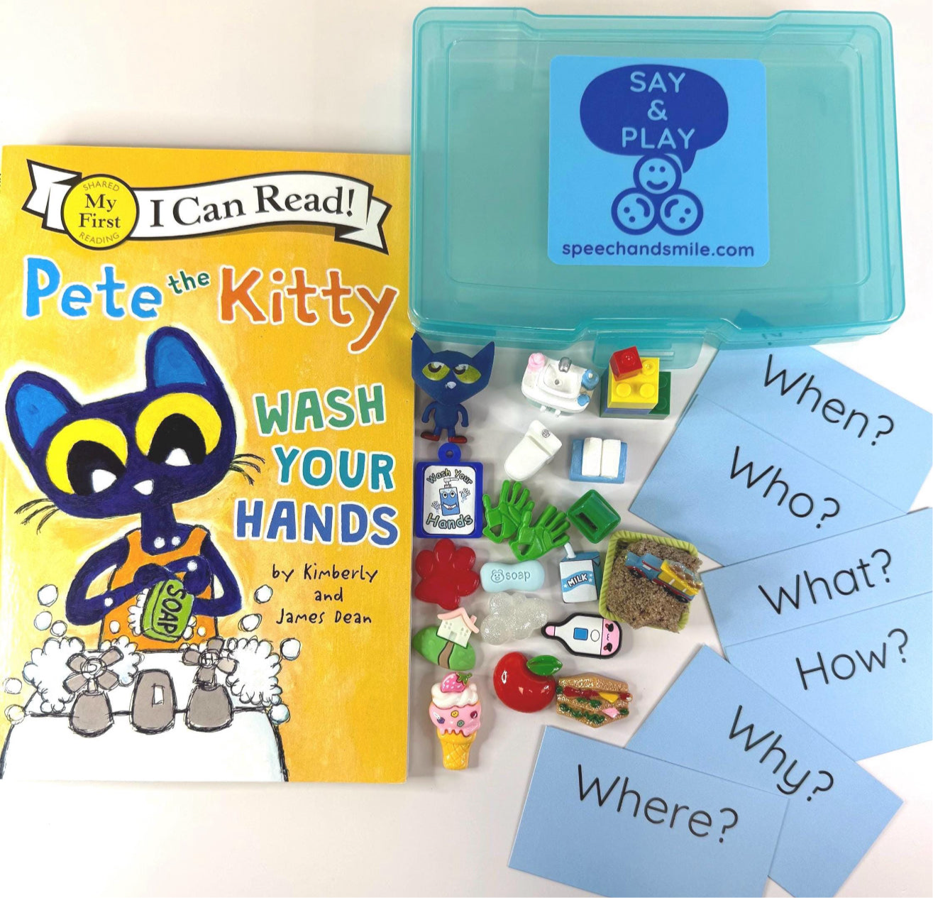 Pete the Cat Story Kit – Pete the Kitty Wash Your Hands Book with Mini Objects – Speech Therapy Story Props & Question Cards - BOOK INCLUDED