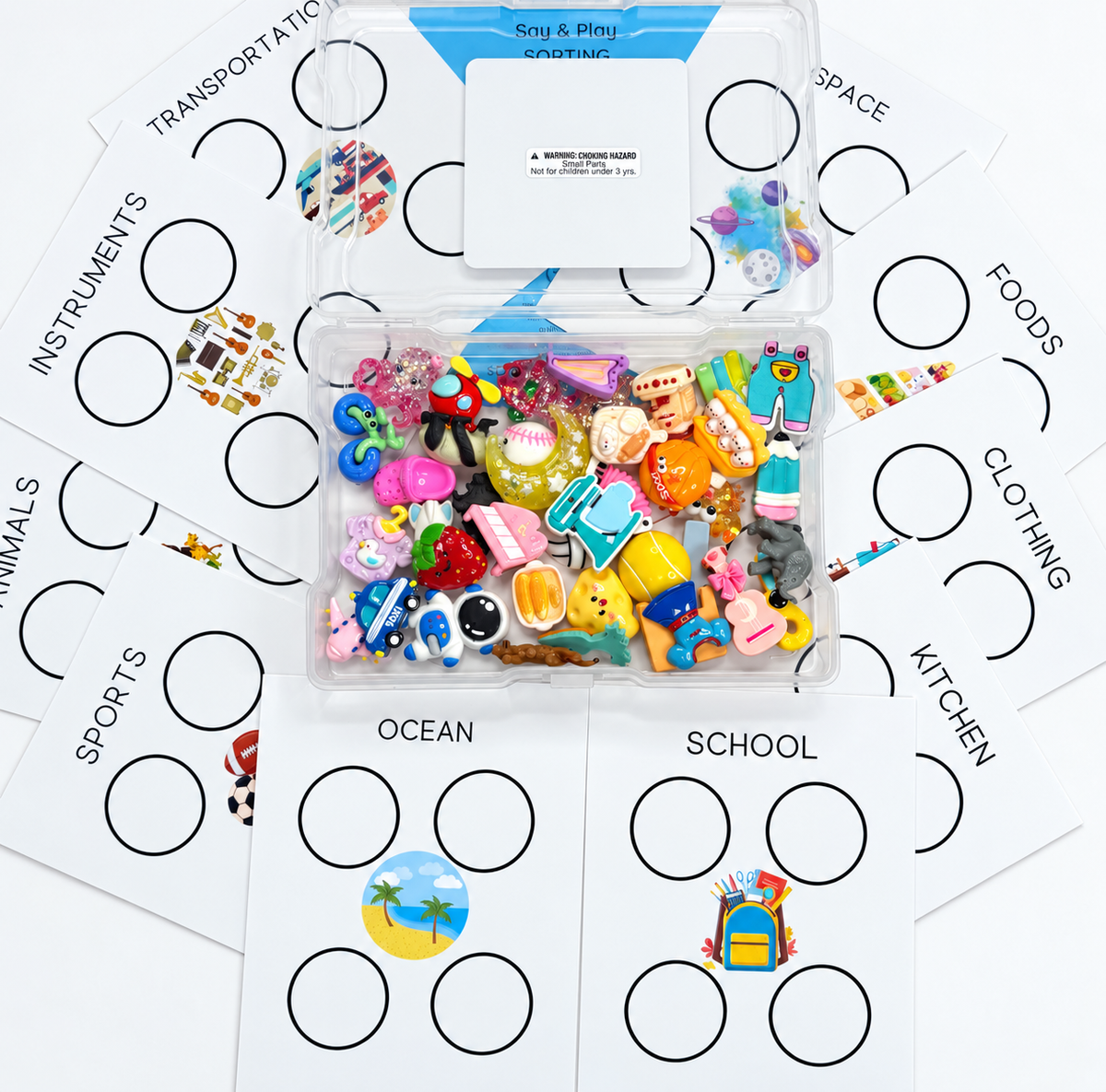 Caja de tareas de clasificación con miniobjetos Caja de actividades de logopedia Caja de conceptos del lenguaje Miniobjetos de logopedia