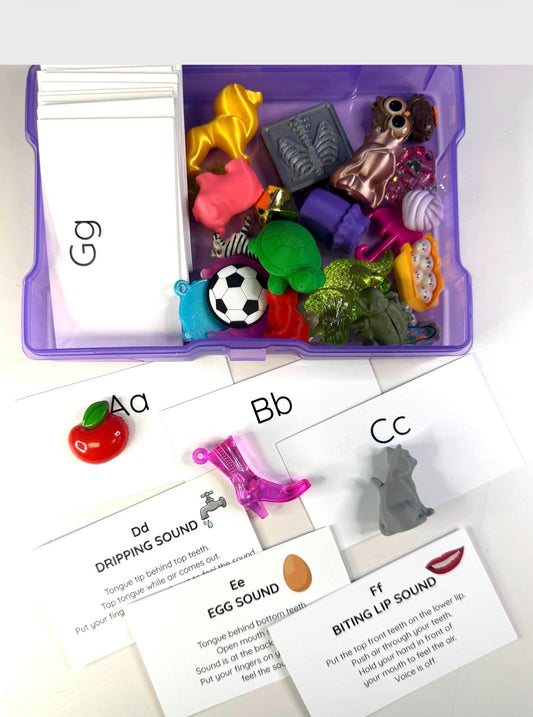 Alphabet Set with Mini Objects in a portable Case - Letter mats with Sound Cues