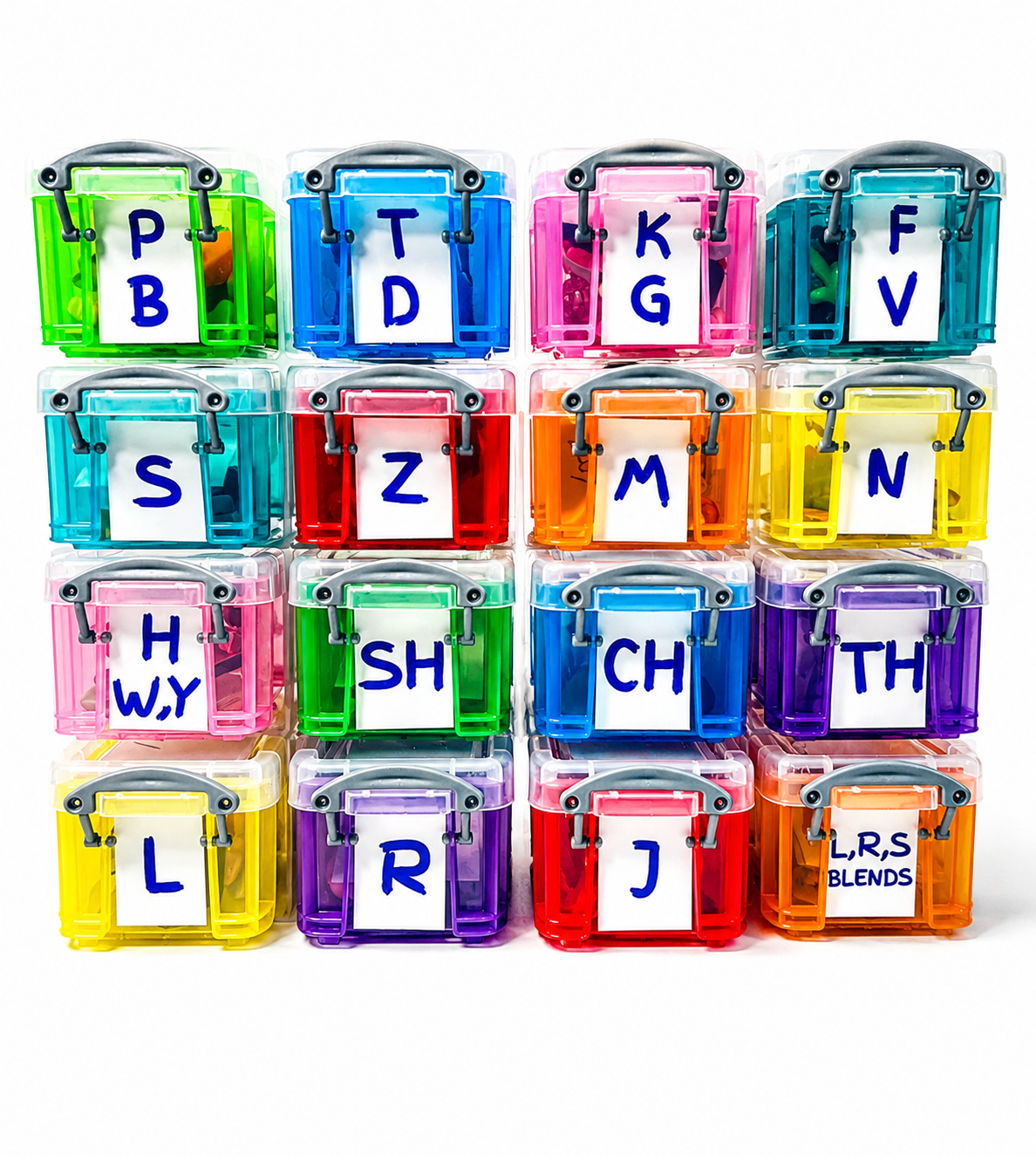 A set of 16 small translucent plastic alphabet storage boxes arranged in a 4-by-4 grid on a white background. Each box is a different bright color and has a metal clasp with a white card inside featuring a blue letter, representing the letters of the alphabet and some blends.