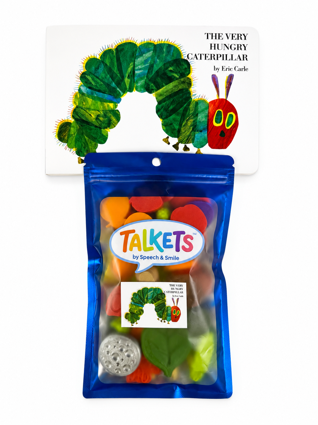 Talkets by Speech & Smile gummy candy pouch featuring the 'The Very Hungry Caterpillar' book cover artwork, with colorful gummies visible inside a blue resealable pouch.