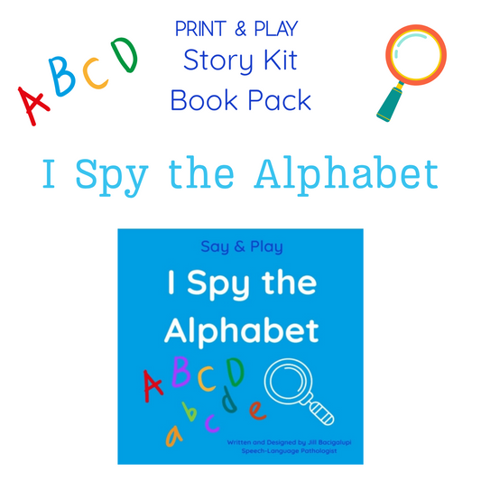 Book cover of 'I Spy the Alphabet' with colorful letters and a magnifying glass on a white background.