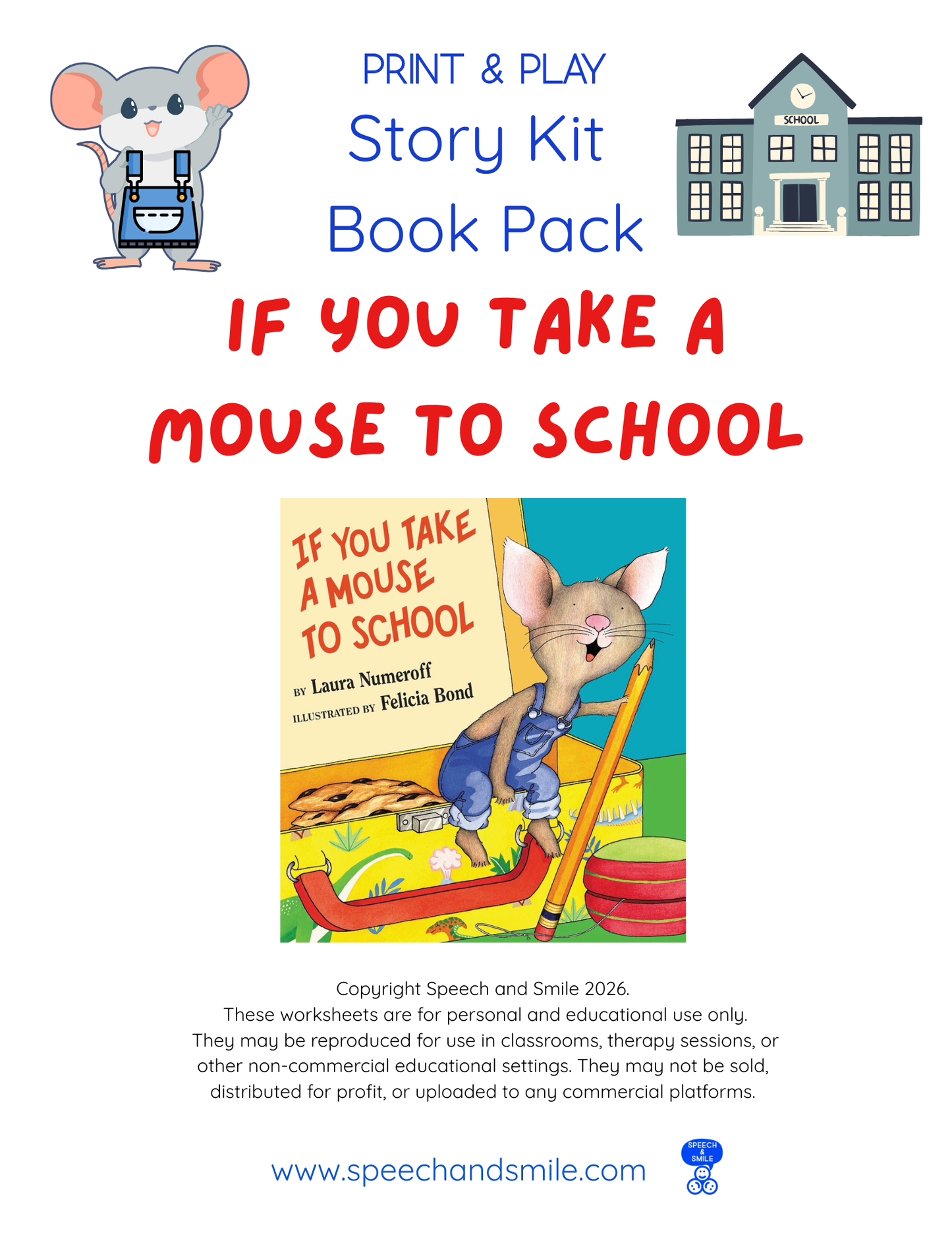 Story Kit Book Pack - If You Take a Mouse to School PRINTABLE ACTIVITIES Instant Download Book Companion (Copy)