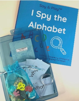 Say & Play Mini Objects I Spy the Alphabet Book + Mini Objects Kit — 26 Alphabet Objects, Magnifying Glass and Question Cards
