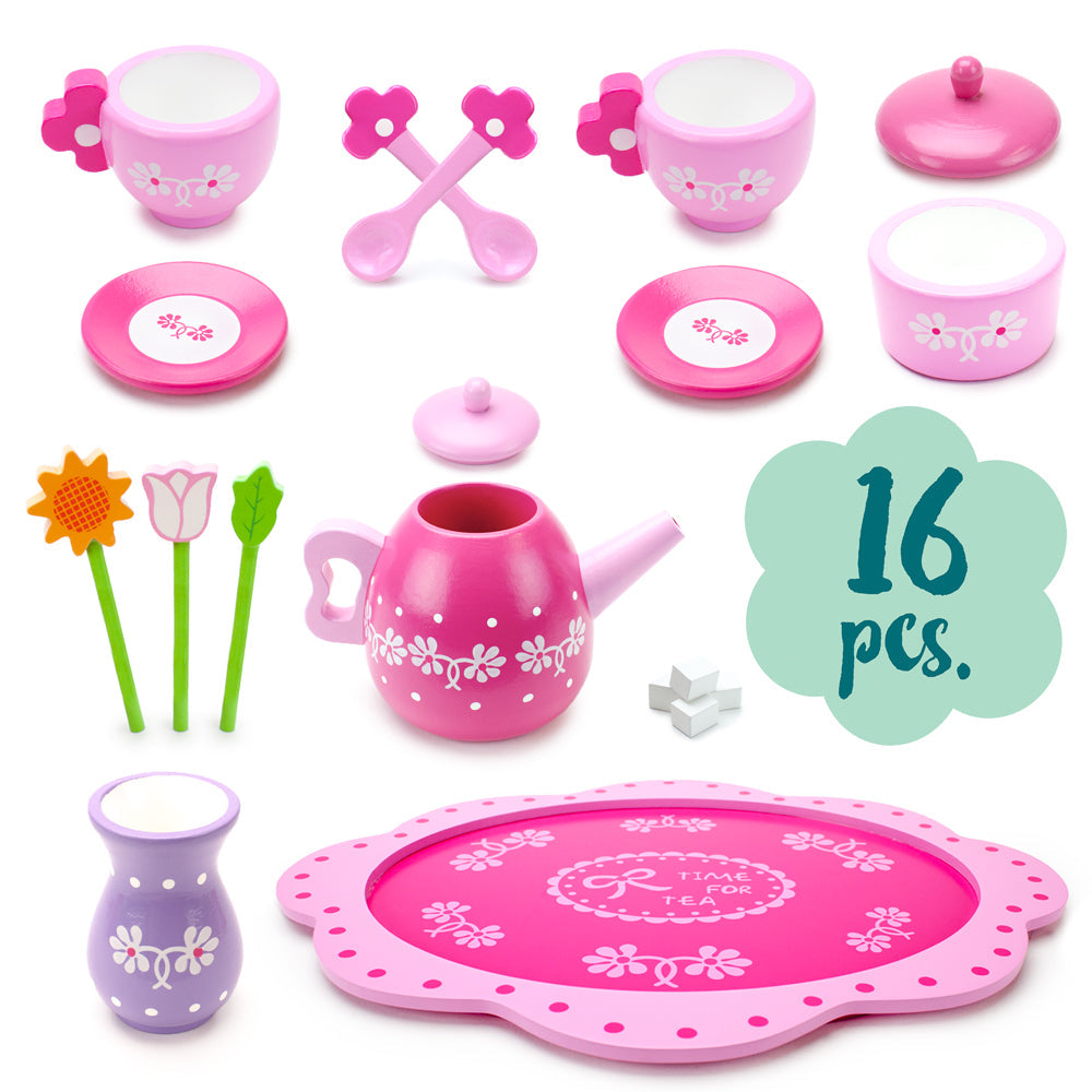 Pretend Play Tea Set Preschool Toys for Speech Therapy - Pink Blossoms Tea Time for Two