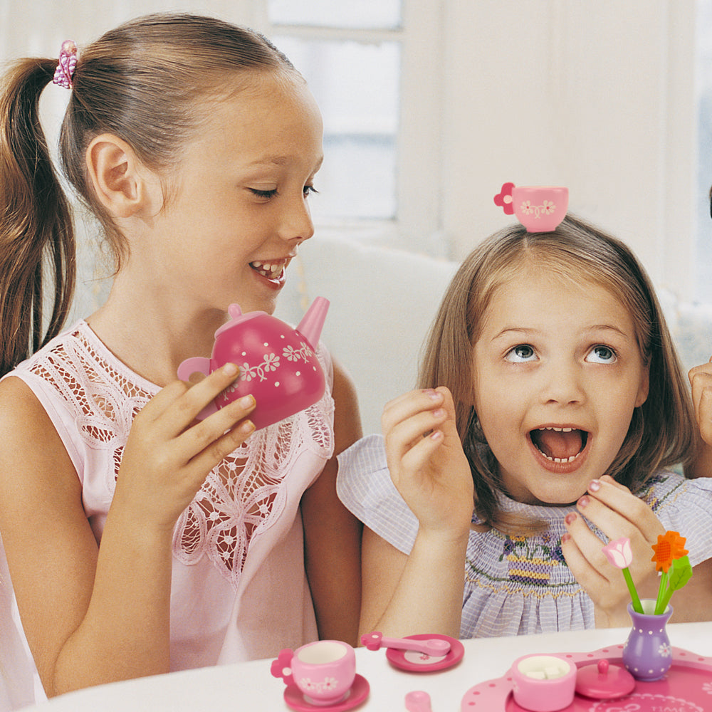 Pretend Play Tea Set Preschool Toys for Speech Therapy - Pink Blossoms Tea Time for Two