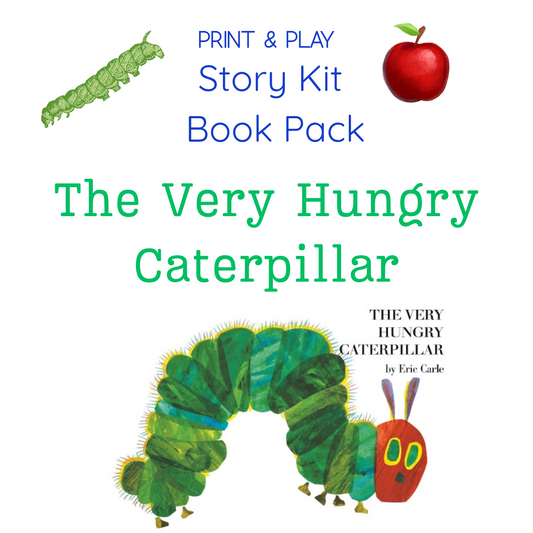 Cover of 'The Very Hungry Caterpillar' book pack with caterpillar and apple illustration on a white background.