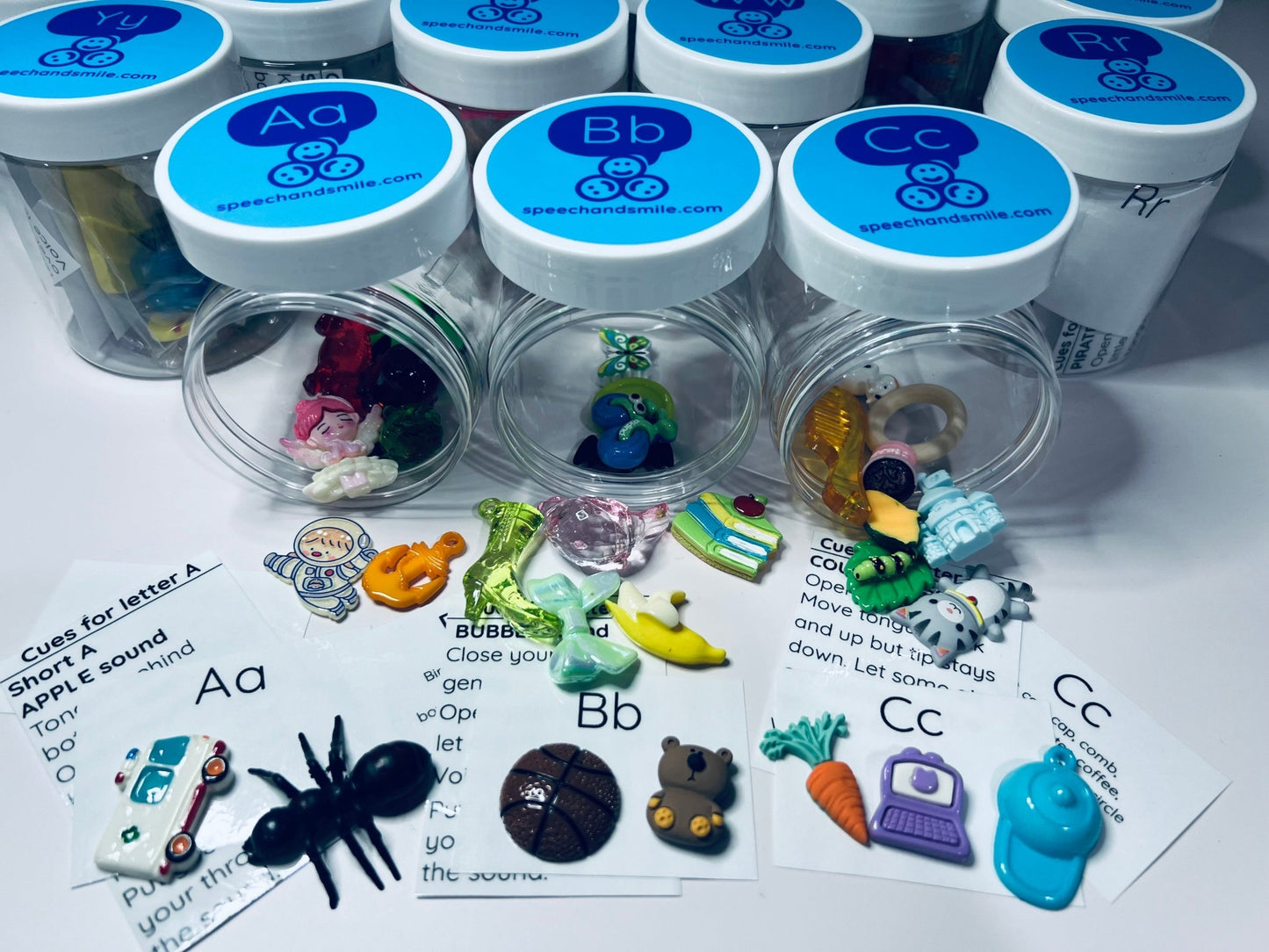 Alphabet Mini Objects Set in Jars – 7 Per Letter | Beginning Sounds Set | Montessori Sound Tubs | Speech Therapy Tools | Classroom Alphabet - Speech and Smile