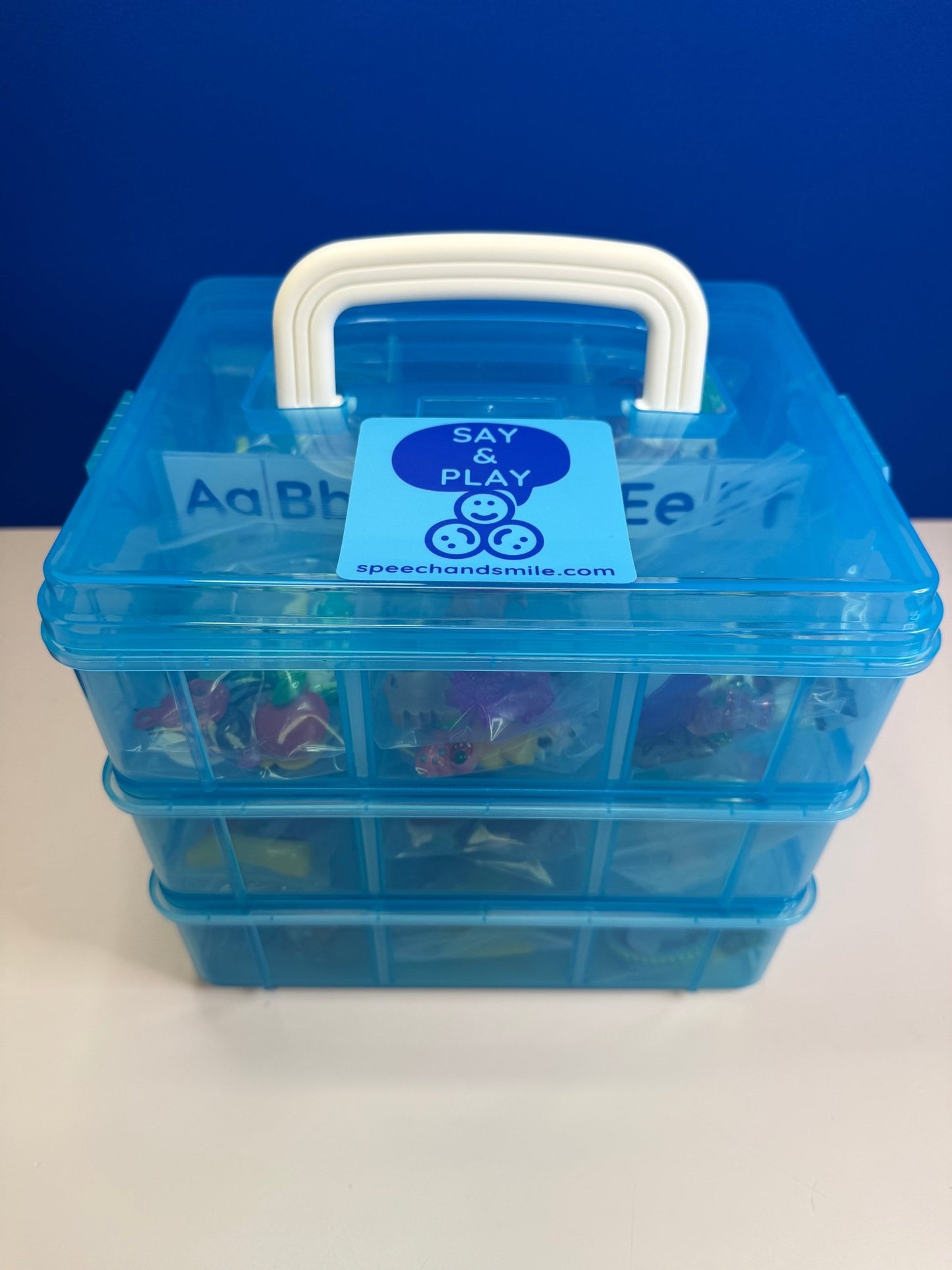 Alphabet Mini Objects Set with Letters, Number Set and Cue Cards - Portable Case 7 Objects per Letter Beginning Sound Minis - Speech and Smile