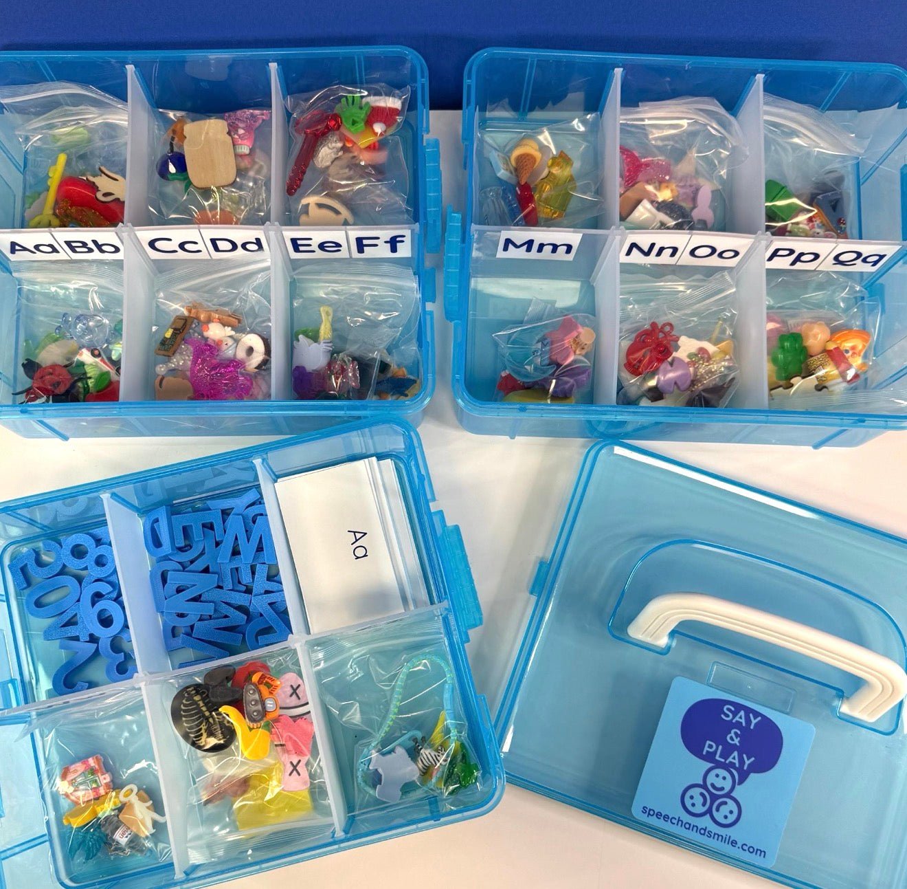 Alphabet Mini Objects Set with Letters, Number Set and Cue Cards - Portable Case 7 Objects per Letter Beginning Sound Minis - Speech and Smile