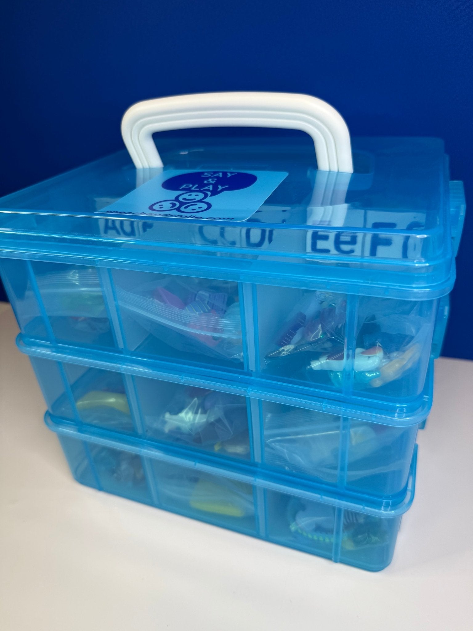 Alphabet Mini Objects Set with Letters, Number Set and Cue Cards - Portable Case 7 Objects per Letter Beginning Sound Minis - Speech and Smile