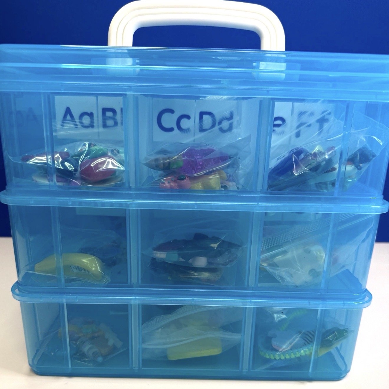 Alphabet Mini Objects Set with Letters, Number Set and Cue Cards - Portable Case 7 Objects per Letter Beginning Sound Minis - Speech and Smile