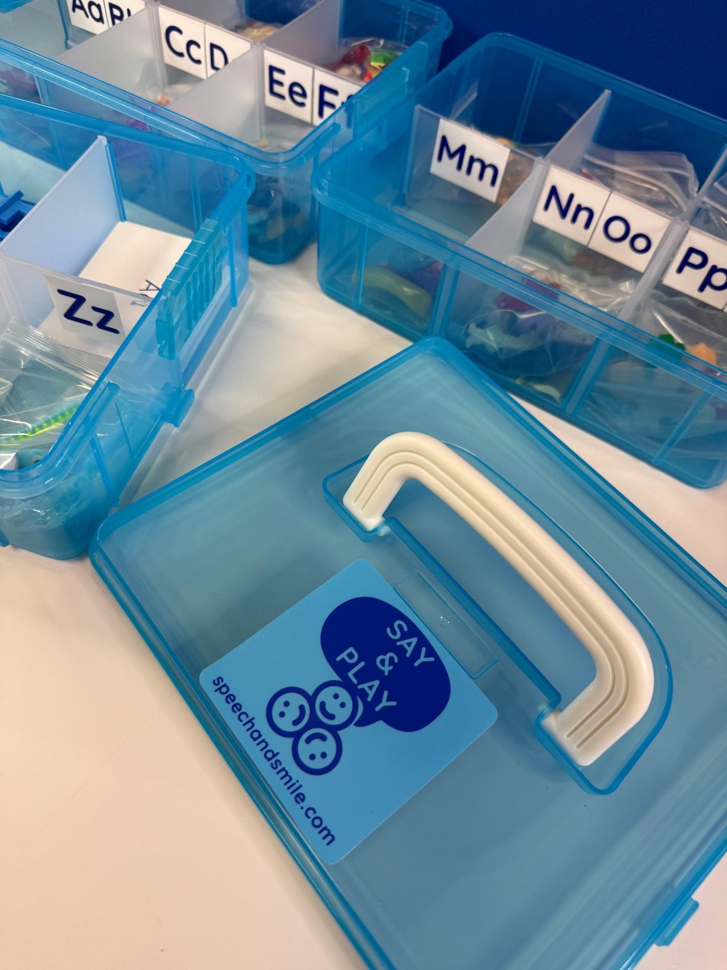 Alphabet Mini Objects Set with Letters, Number Set and Cue Cards - Portable Case 7 Objects per Letter Beginning Sound Minis - Speech and Smile