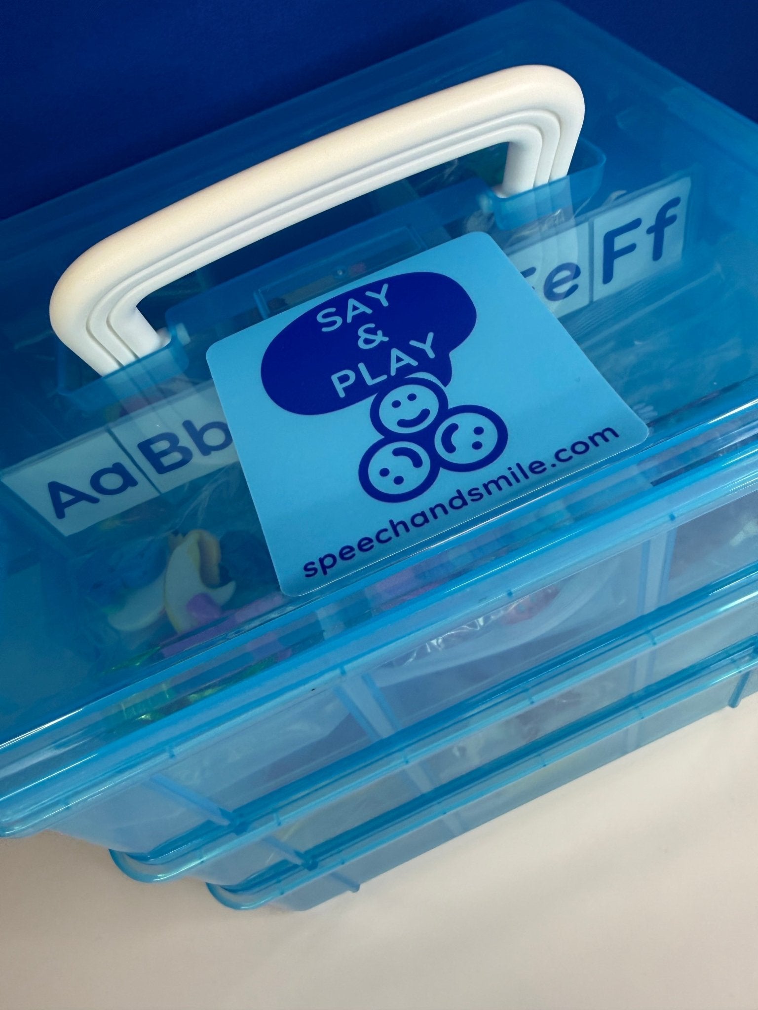 Alphabet Mini Objects Set with Letters, Number Set and Cue Cards - Portable Case 7 Objects per Letter Beginning Sound Minis - Speech and Smile