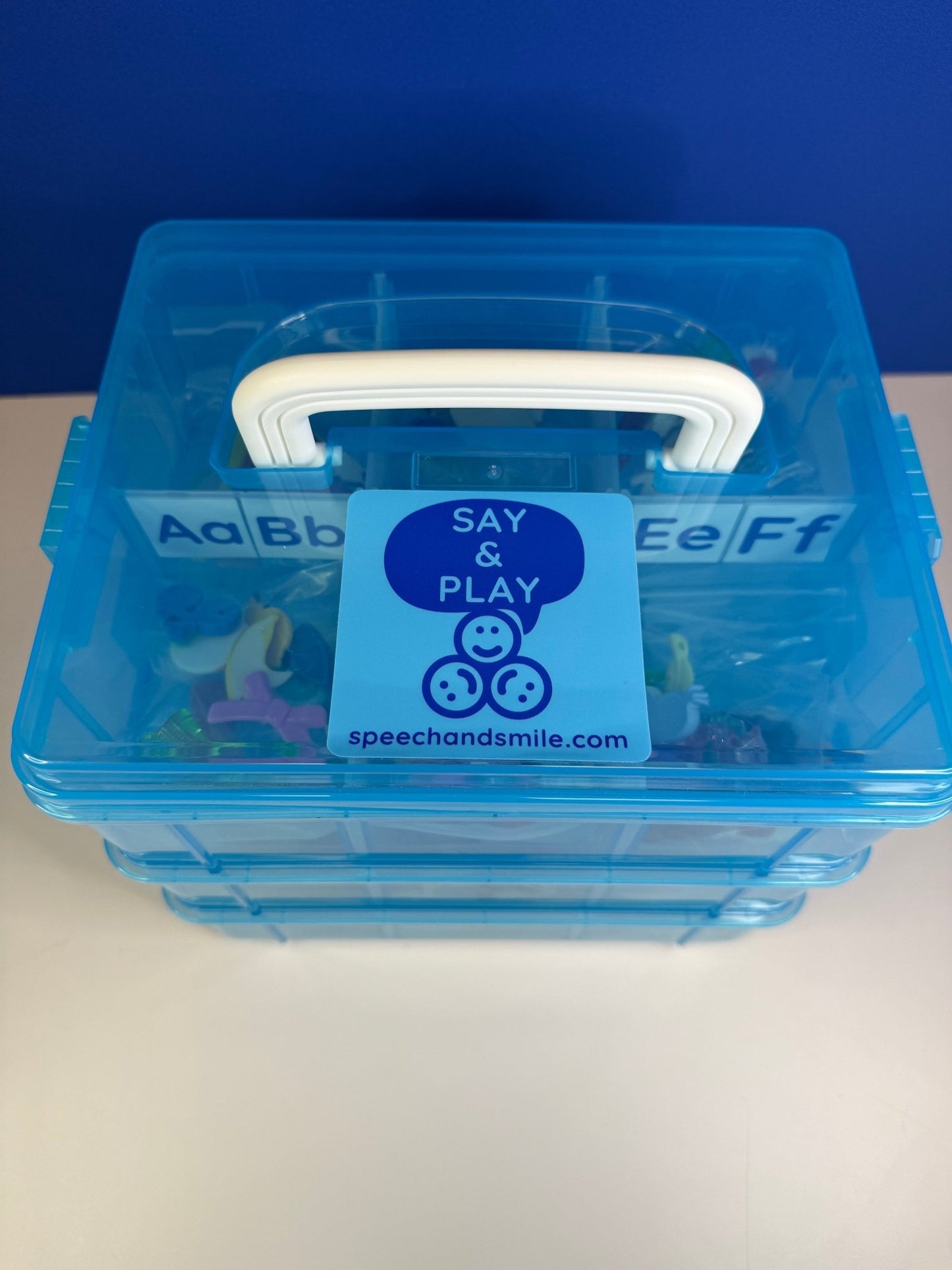 Alphabet Mini Objects Set with Letters, Number Set and Cue Cards - Portable Case 7 Objects per Letter Beginning Sound Minis - Speech and Smile