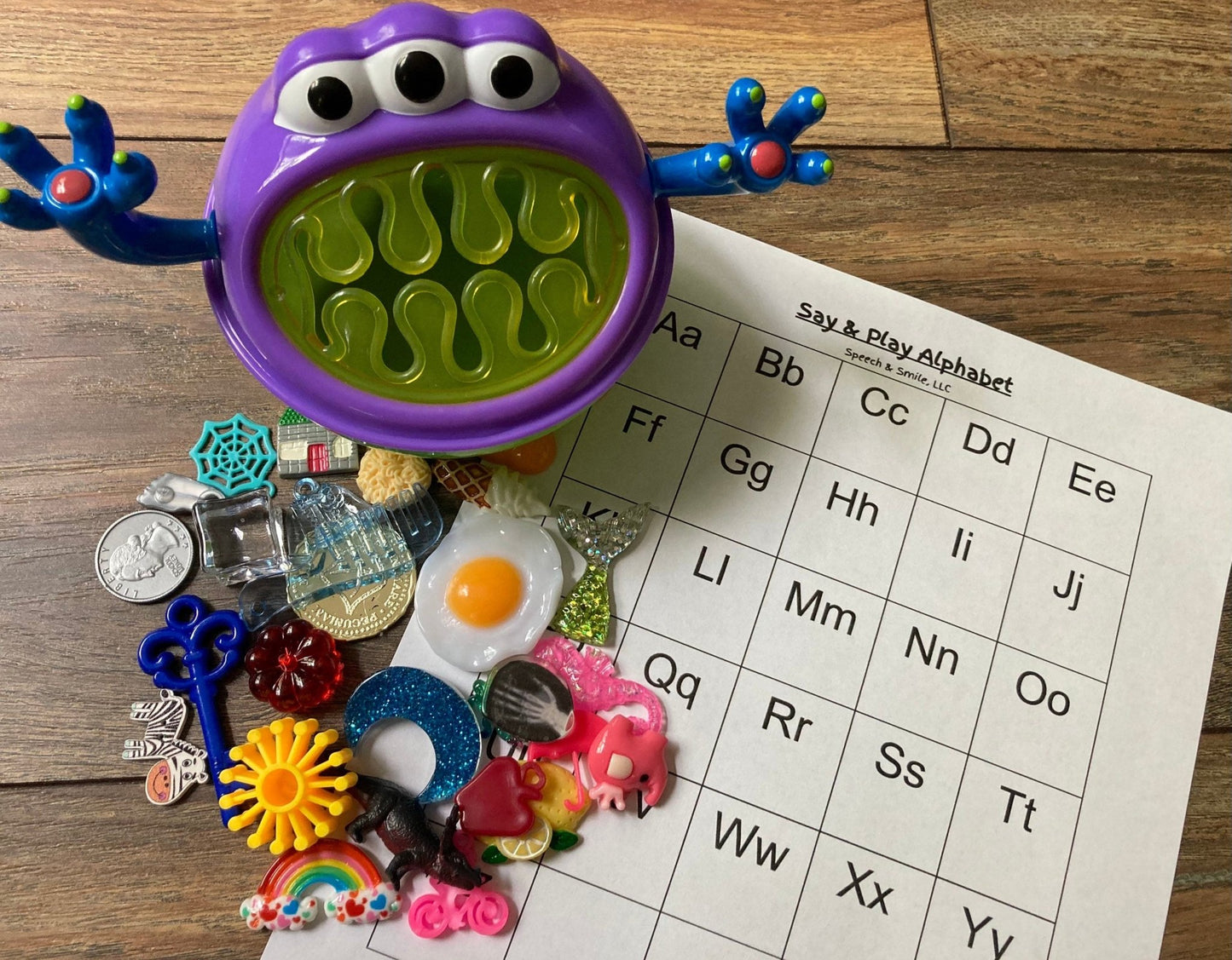 Alphabet Objects Feed the Monster Kit Mini Objects Speech Therapy Mini Objects Beginning Sound Objects Say and Play Minis Trinkets - Speech and Smile