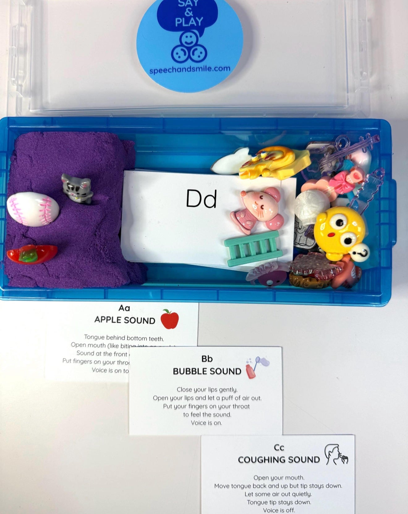 Alphabet Objects Set with Letter Cards and Kinetic Sand - Portable Sensory Box - Learn Beginning Sounds with Manipulatives - Speech and Smile