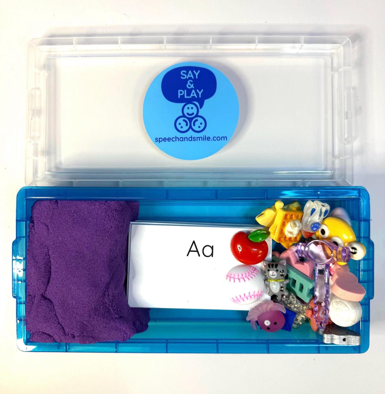 Alphabet Objects Set with Letter Cards and Kinetic Sand - Portable Sensory Box - Learn Beginning Sounds with Manipulatives - Speech and Smile