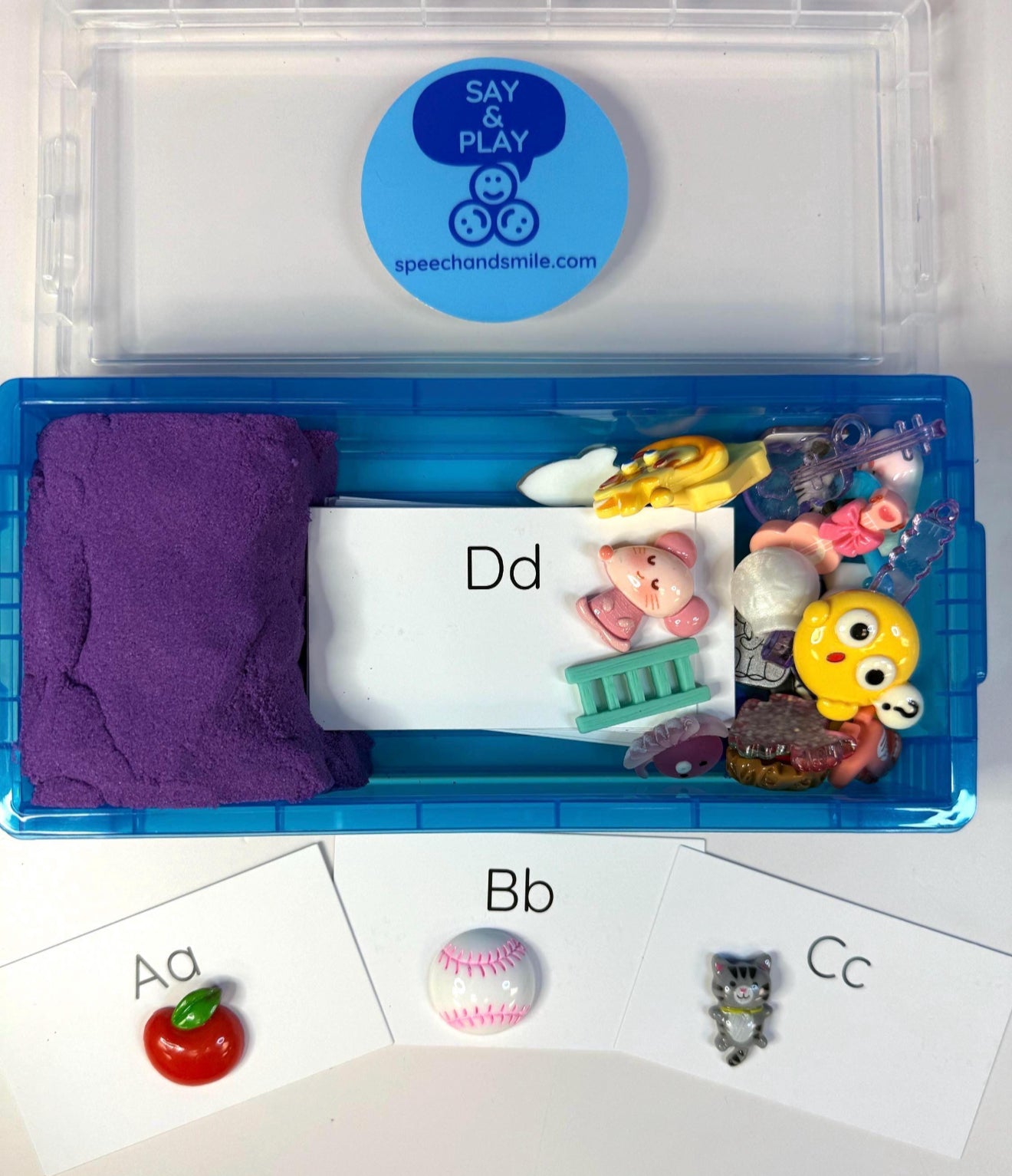 Alphabet Objects Set with Letter Cards and Kinetic Sand - Portable Sensory Box - Learn Beginning Sounds with Manipulatives - Speech and Smile