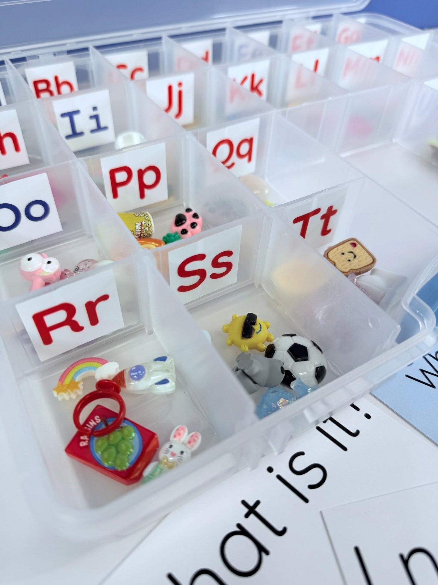 Alphabet Set MINI Objects in Organizer - Classroom Alphabet Set Montessori Beginning Sound Speech Therapy Mini Objects 5 per letter - Speech and Smile