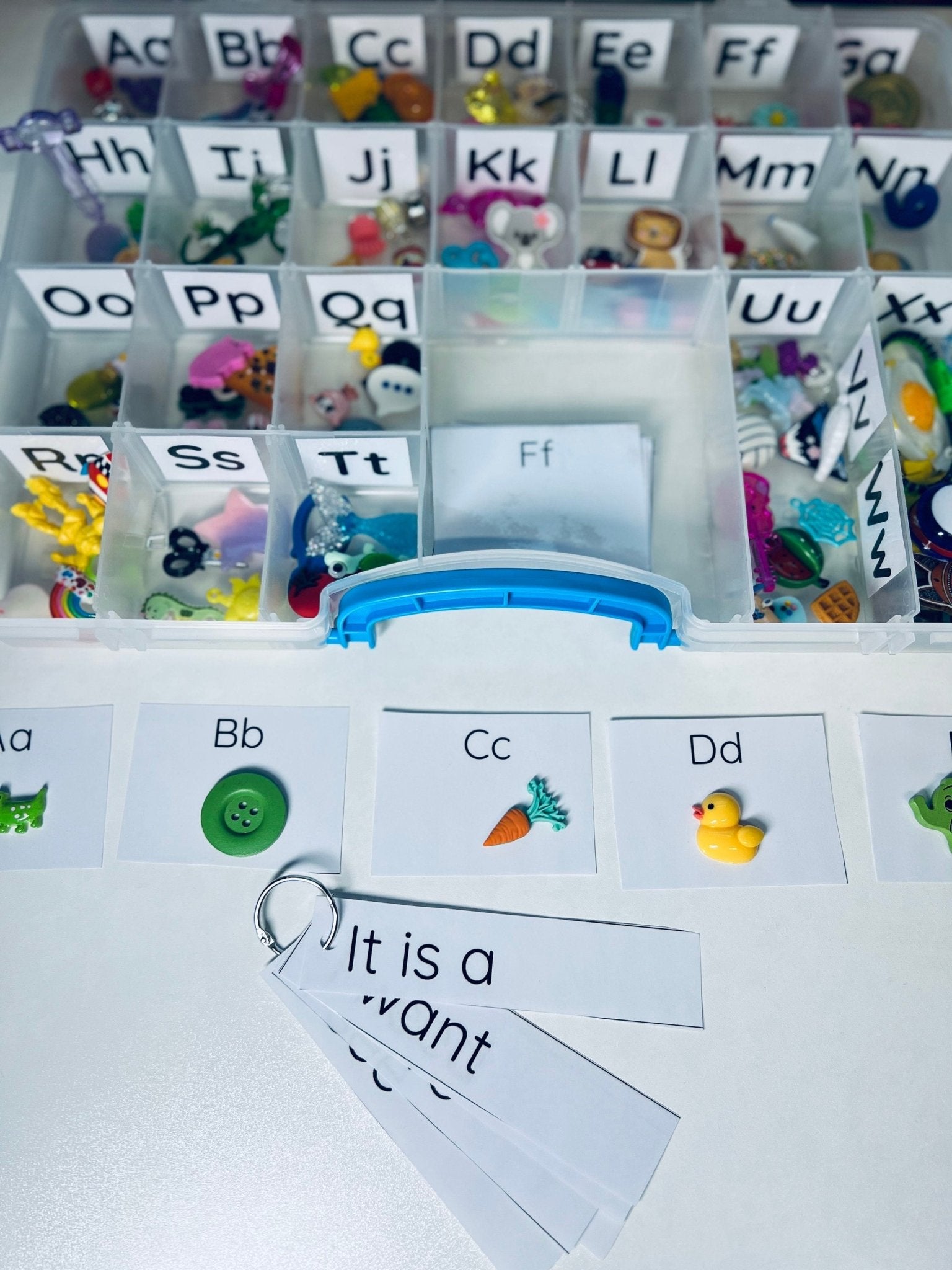 Alphabet Set MINI Objects in Organizer - Classroom Alphabet Set Montessori Beginning Sound Speech Therapy Mini Objects 5 per letter - Speech and Smile