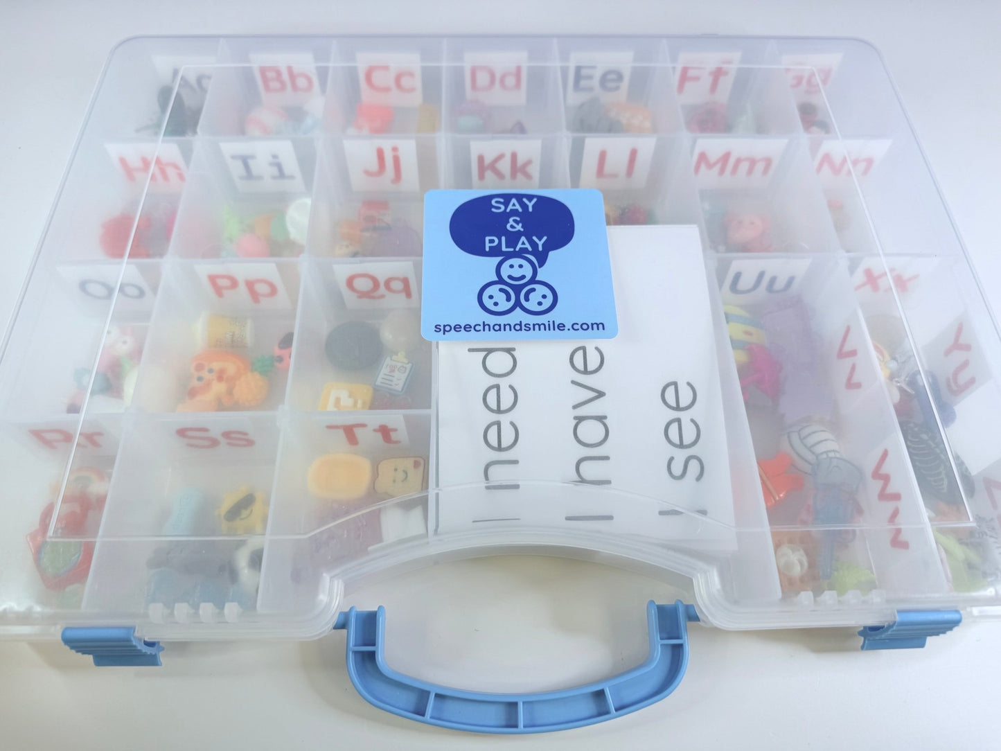 Alphabet Set MINI Objects in Organizer - Classroom Alphabet Set Montessori Beginning Sound Speech Therapy Mini Objects 5 per letter - Speech and Smile