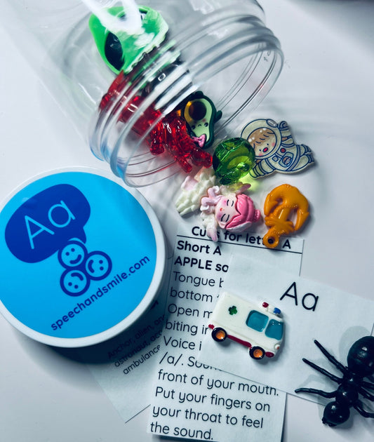 Alphabet Sound Jars – 7 Mini Objects per Jar - Beginning Sound Objects for Speech Therapy, Montessori, and Phonics Activities - Speech and Smile