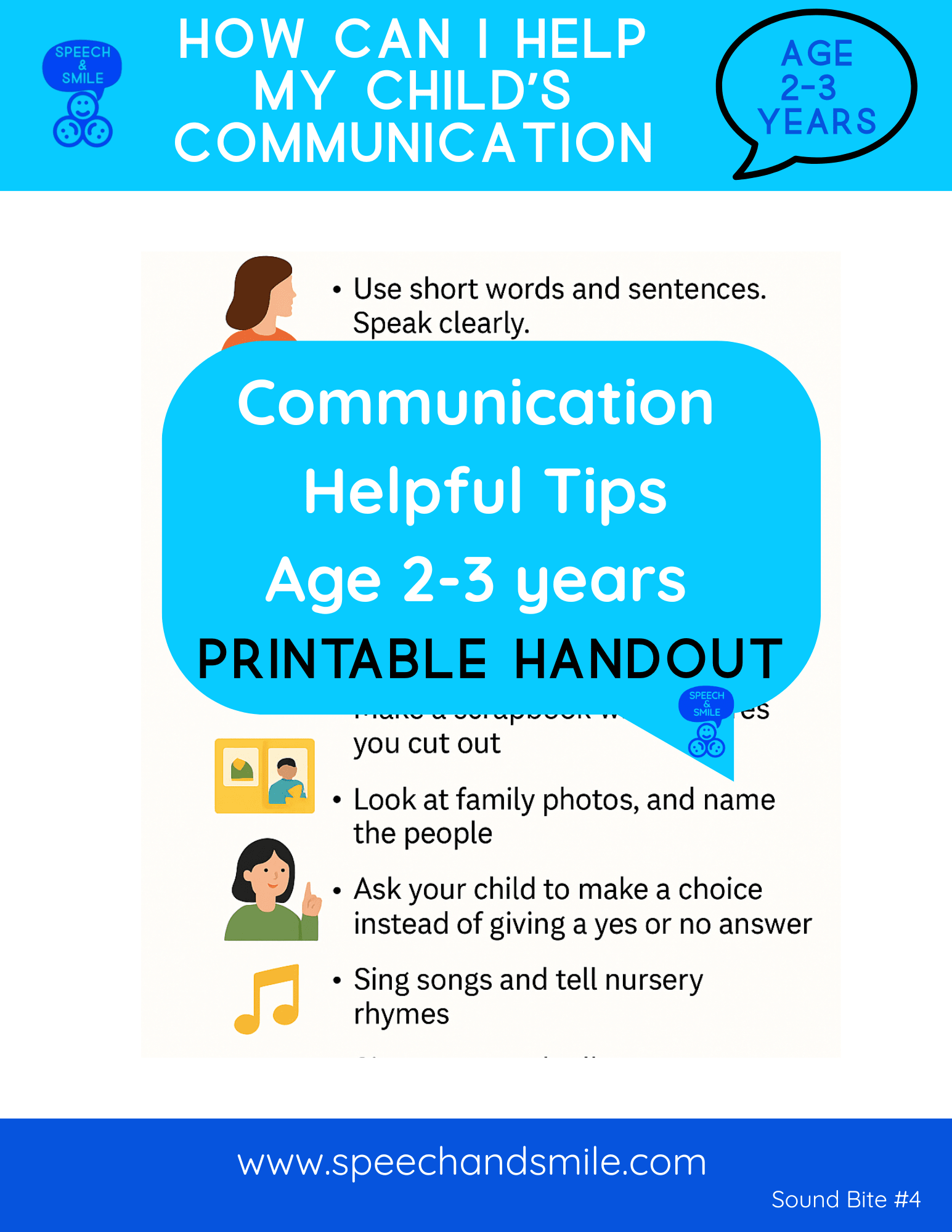 Communication Tips Ages 2 - 3 years Handout – Sound Bite 4 (Printable Download) - Speech and Smile
