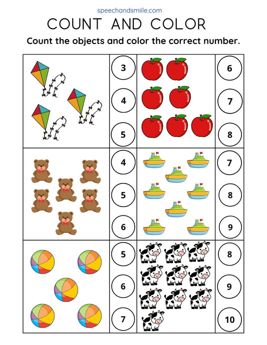 Counting Worksheet to Use with Miniature Objects - Printable Counting Activity Digital Download - Preschool Math Worksheet Speech Therapy - Speech and Smile
