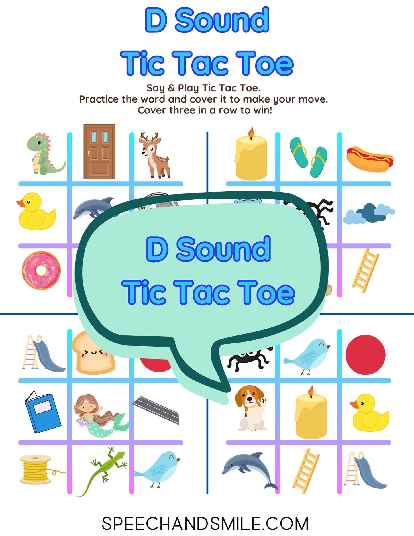 D Sound Tic - Tac - Toe PRINTABLE Speech Sounds Tic - Tac - Toe Print and Play with Speech Therapy Mini Objects - Speech and Smile
