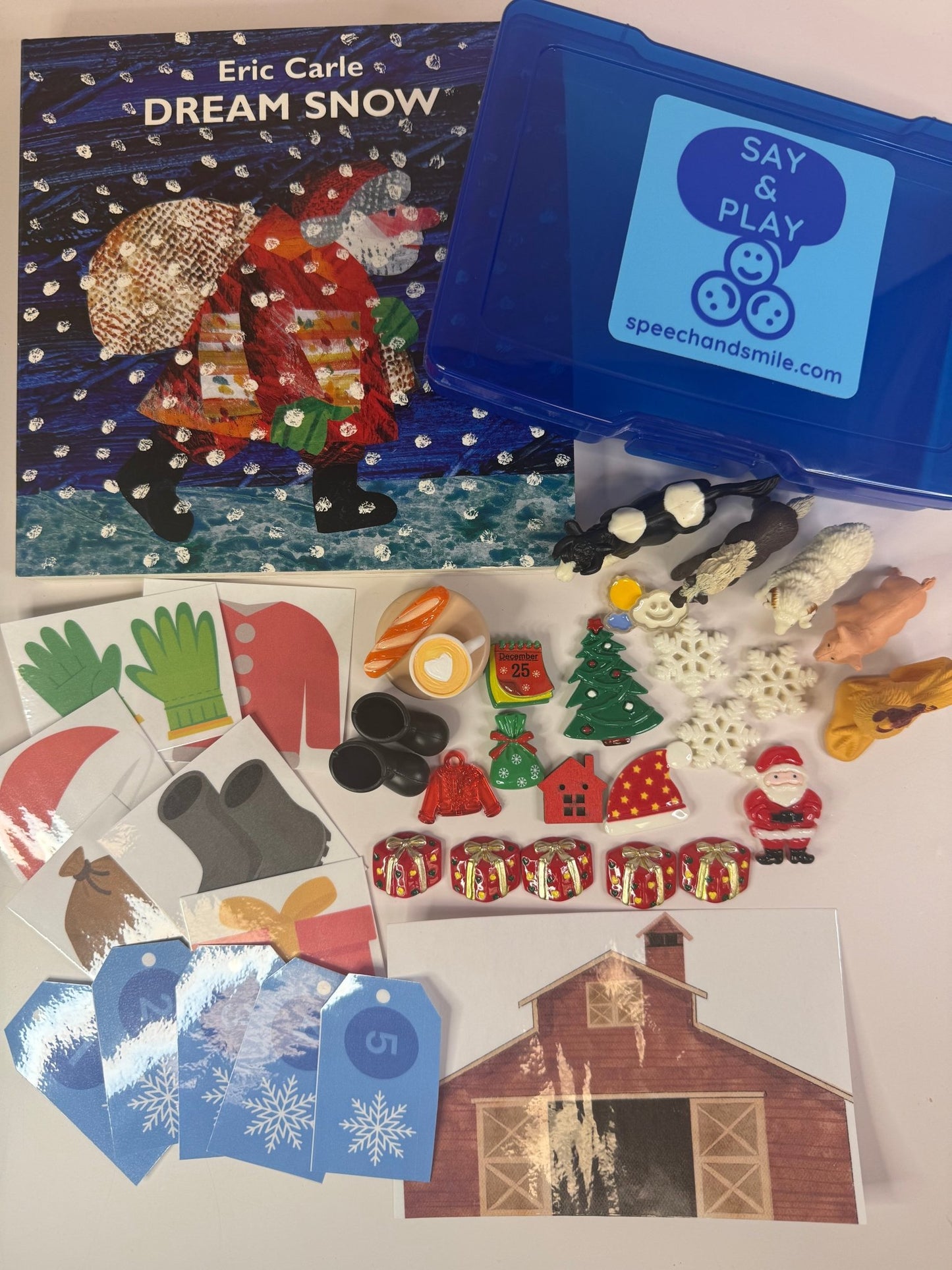 DREAM SNOW Story kit with mini objects Say and Play book Gift for Kids Speech Therapy Mini Objects Christmas Book - Speech and Smile