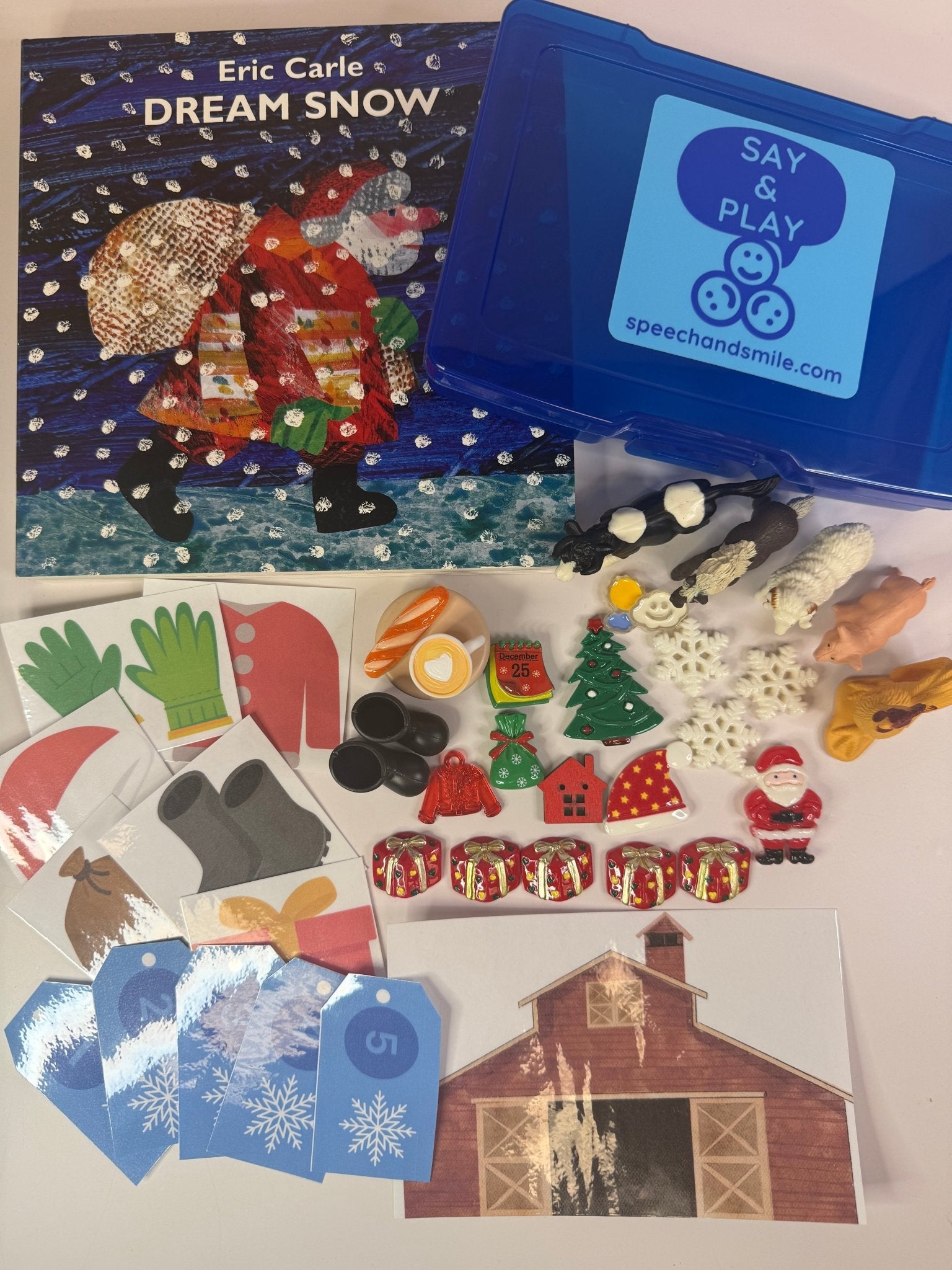 DREAM SNOW Story kit with mini objects Say and Play book Gift for Kids Speech Therapy Mini Objects Christmas Book - Speech and Smile