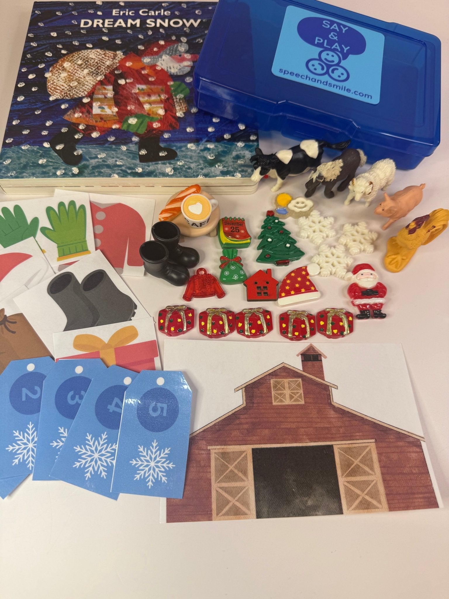 DREAM SNOW Story kit with mini objects Say and Play book Gift for Kids Speech Therapy Mini Objects Christmas Book - Speech and Smile