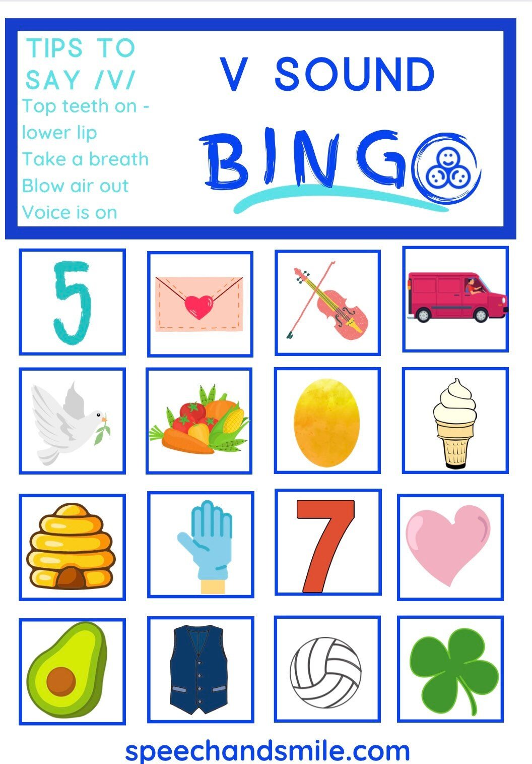 F and V Sounds Printable Bingo Matching Game - Printable Speech Therapy Worksheets - Speech Sound Bingo Speech and Smile - Speech Matching Game - Speech and Smile