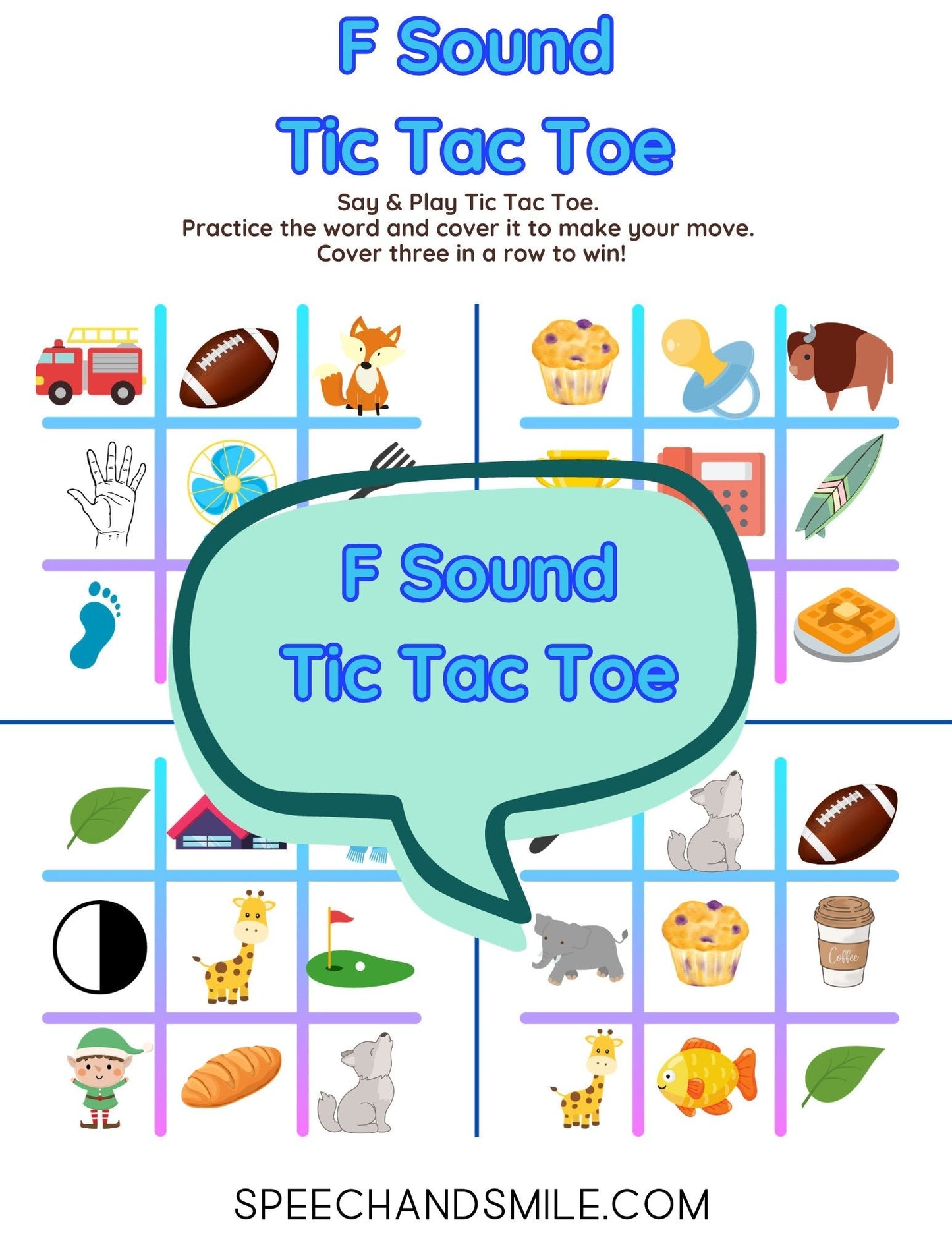 F Sound Tic - Tac - Toe PRINTABLE Speech Sounds Tic - Tac - Toe Print and Play with Speech Therapy Mini Objects - Speech and Smile