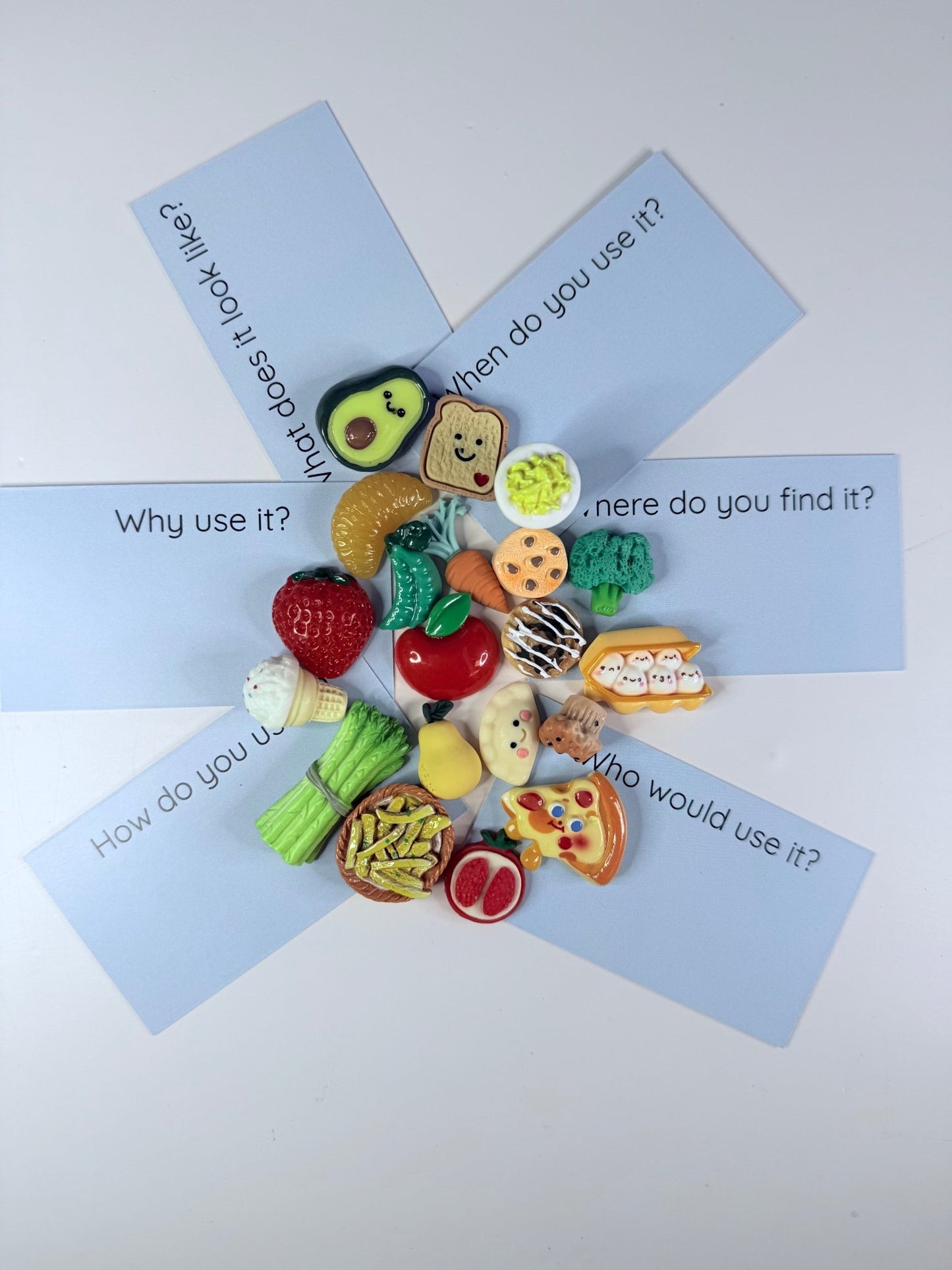 FOOD Mini Objects with Question Cards - Theme Trinkets Speech Therapy - Speech and Smile