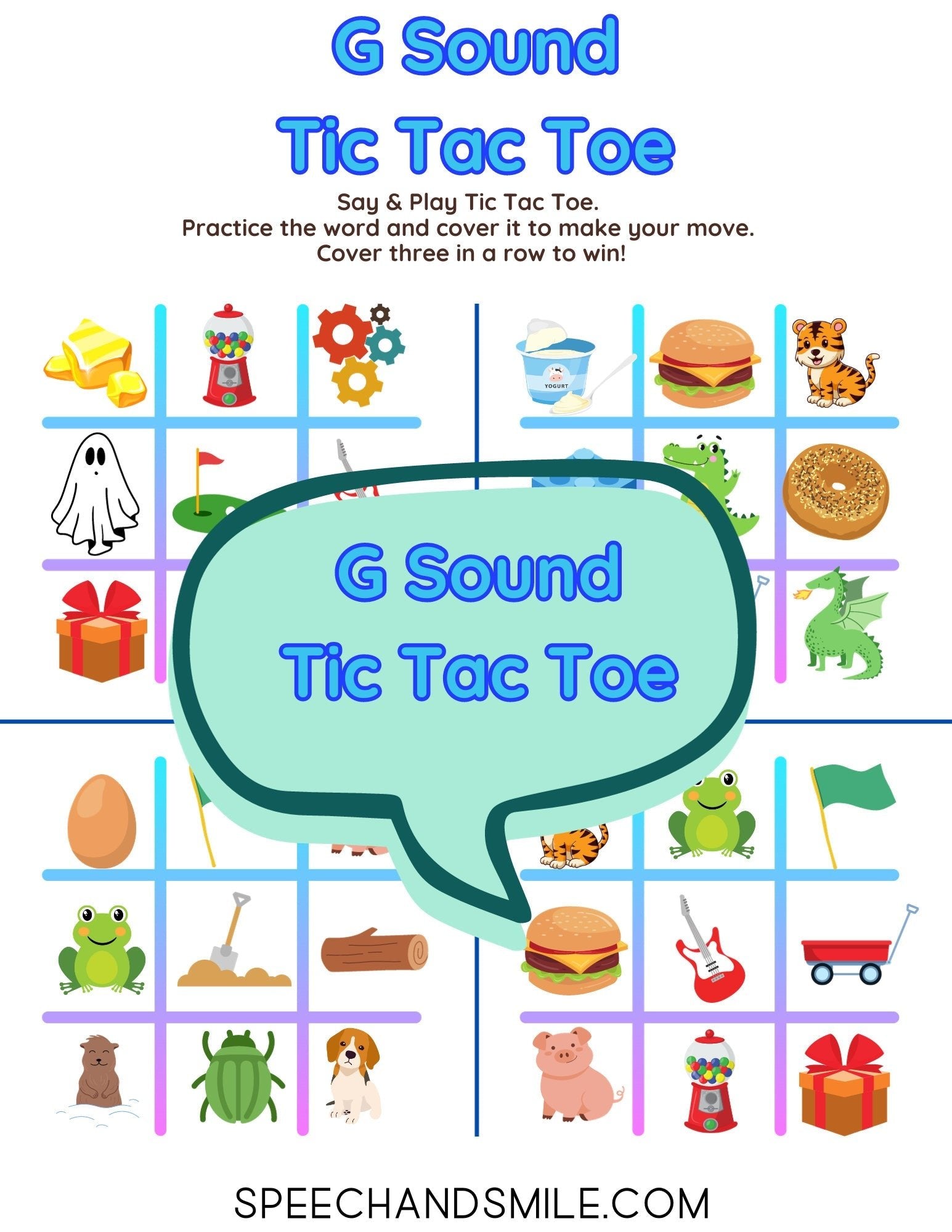 G Sound Tic - Tac - Toe PRINTABLE Speech Sounds Tic - Tac - Toe Print and Play with Speech Therapy Mini Objects - Speech and Smile