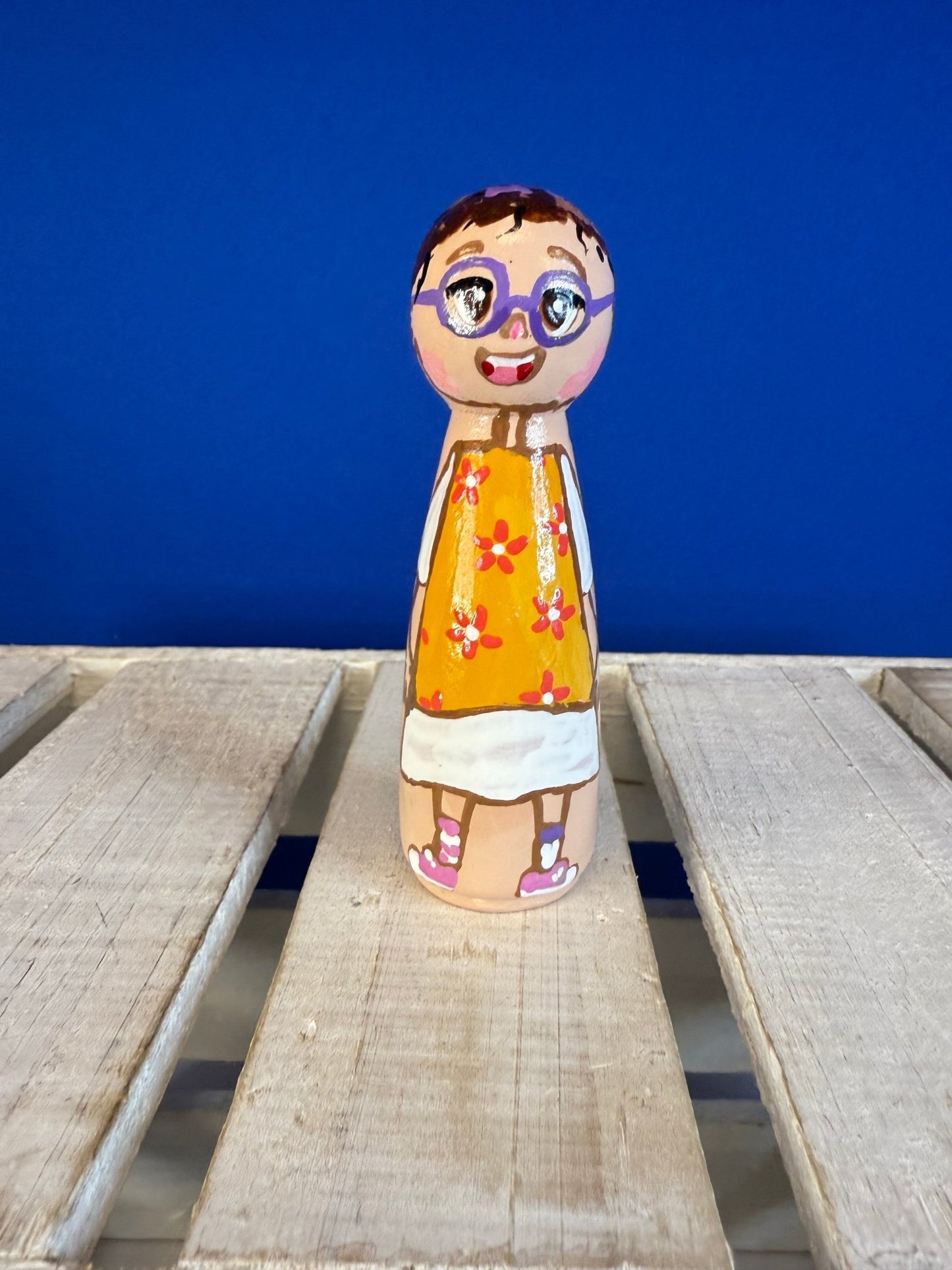 Girl with Glasses Peg Doll – Colorful Figure for Story & Character Play - Speech and Smile