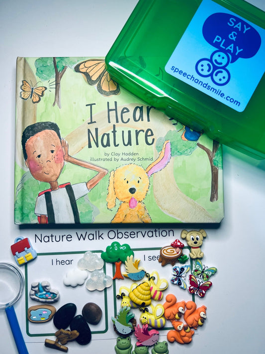 I Hear Nature Story Kit with Mini Objects Speech Therapy - INCLUDES BOOK Story Props Nature Woodland Trinkets Language Task Box - Speech and Smile