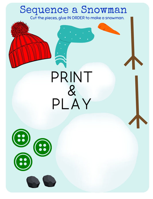 FREEBIE Sequence a Snowman Activity-Print and Play-Cut and Place Together in Order-Speech Therapy Printables-Preschool Worksheet