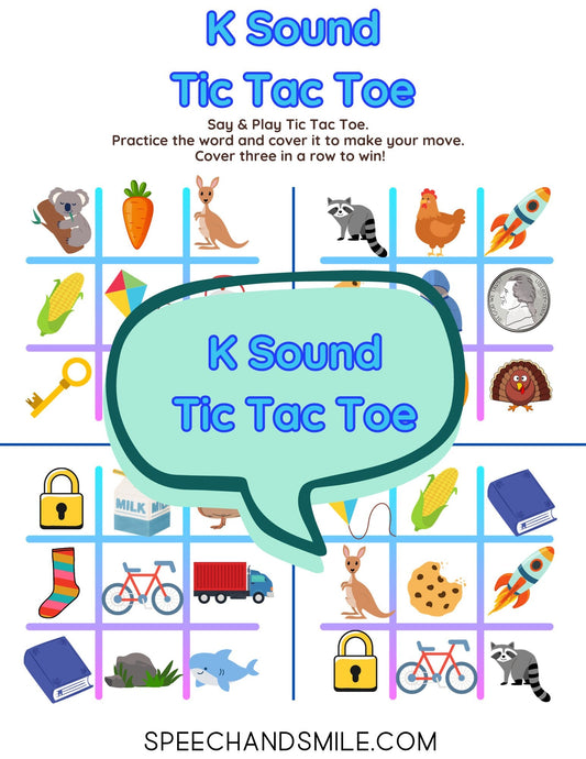 K Sound Tic - Tac - Toe PRINTABLE Speech Sounds Tic - Tac - Toe Print and Play with Speech Therapy Mini Objects - Speech and Smile