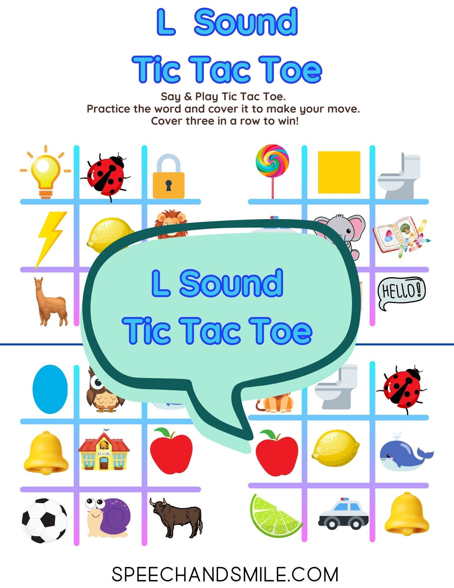 L Sound Tic - Tac - Toe - Print and Play - Printable L Sound Activity - Game with Speech Therapy Mini Objects - Speech and Smile